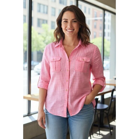 Charter Club Pink Linen Blend Button-Up Shirt Roll-Tab Sleeves XL - Picture 2 of 6